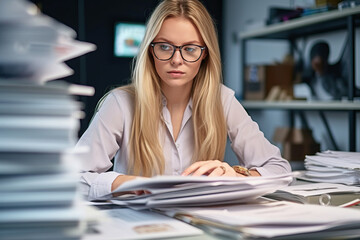 A woman sitting at a desk with a lot of papers