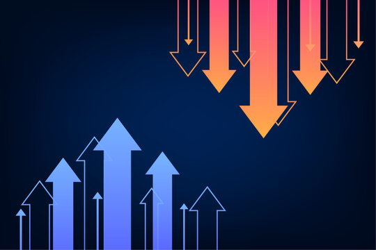 business investment graph arrow up and down background. trend stock market concept. trading exchange financial on blue background. vector illustration fantastic hi tech design