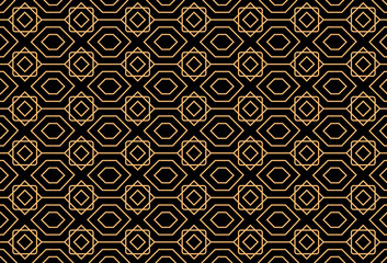 Isometric cube gold line seamless pattern on black background, Seamless gold line geometric modern pattern