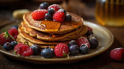 Buckwheat pancakes with berry fruit and honey on wooden vintage table