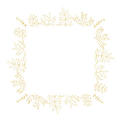 Golden Squared botanical frame vector. Hand drawn golden floral borders. Wedding square frame