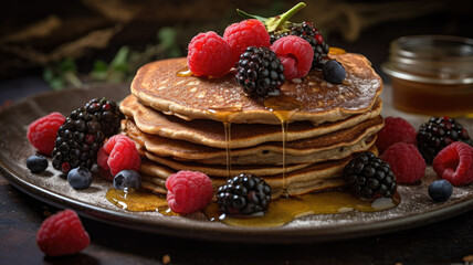 Buckwheat pancakes with berry fruit and honey on wooden vintage table