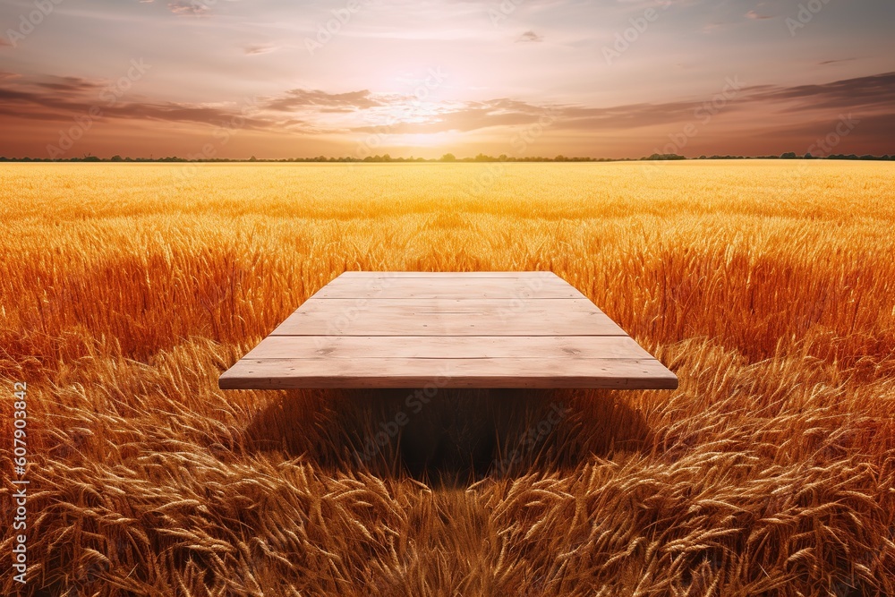 Poster a table made of wood sitting in the middle of a wheat field generative ai