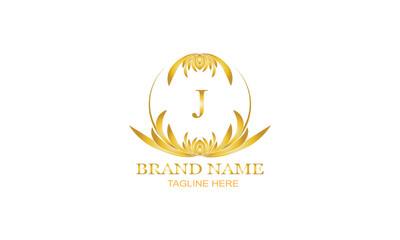 Gold luxury logo, elegant monogram vector design with initial letter J on white background.