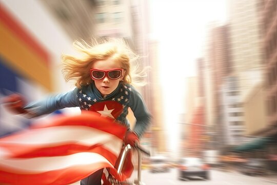 little girl with a American flag painted jetpack flying through new york celebrating 4th of july or independence day,generative ai.
