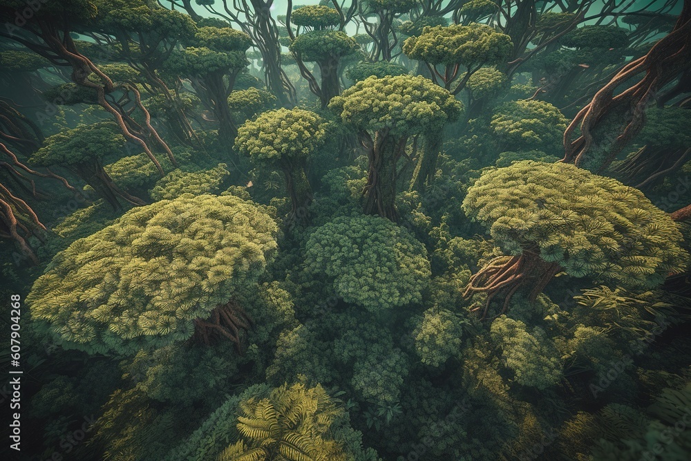 Aufkleber an overhead perspective of a densely wooded area packed with trees generative ai