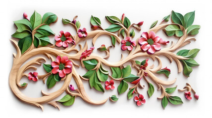 Painted wood carving, bas relief style floral design with carved branches, green leaves, and reddish pink flowers, on white background. Abstract illustration created with Generative AI technology.