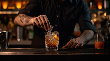 Barman in bar interior making alcohol cocktail. Professional bartender pours drink with a strainer