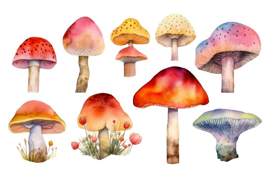 Watercolor set of minimal various Mushroom isolated on clear png background, elements natural mushroom, leaves, fungi or fungus edible, set of tree plant collection, with Generative Ai.