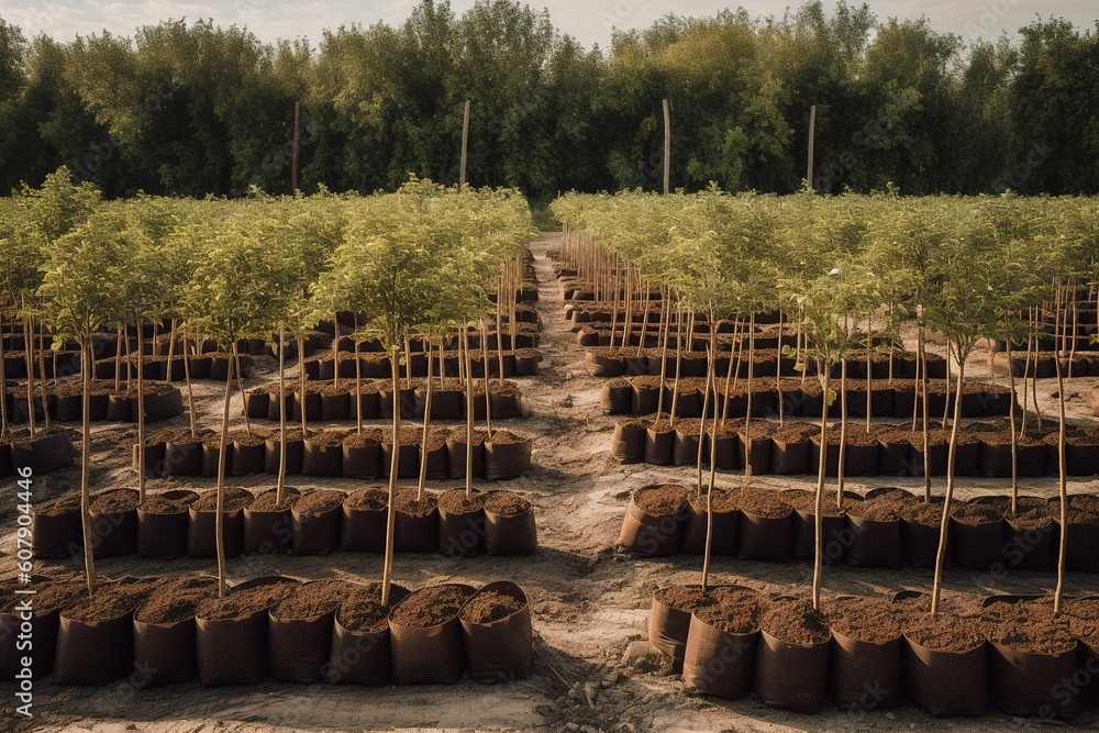 Poster a field with rows of trees that have been planted in the earth. generative ai