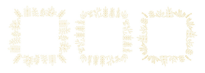 Golden Squared botanical frame vector. Hand drawn golden floral borders. Wedding square frame