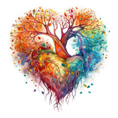 Tree of life in rainbow colors in the shape of a heart, Generative AI