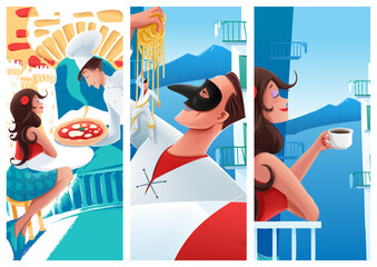 set of naples illustrations with pizza chef and woman drinking coffee and puffin with spaghetti - 607905478