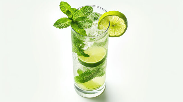 Cocktail mojito in a high glass on a white background