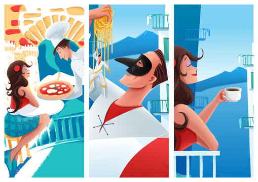 set of naples illustrations with pizza chef and woman drinking coffee and puffin with spaghetti
