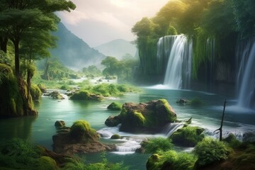 Illustration of beautiful fantasy river landscape with waterfalls, Generative AI