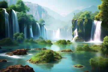 Illustration of beautiful fantasy river landscape with waterfalls, Generative AI