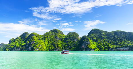Landscape of amazing green lush tropical islands and turquoise sea near Phuket, Thailand. - 607905898