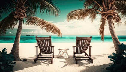 Obraz na płótnie Canvas Chairs on Tropical Beach With Palm Trees On Coral Island