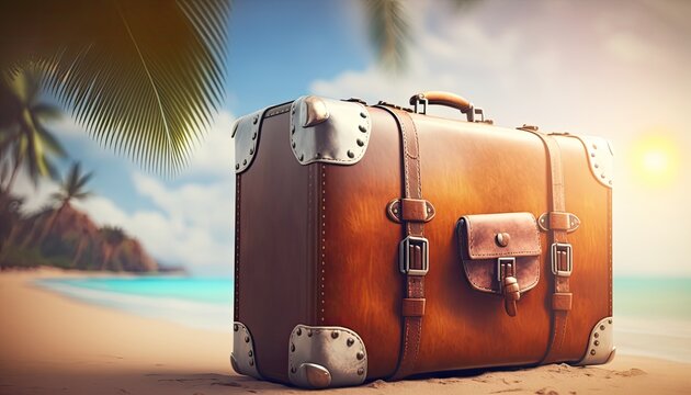 Brown leather Travel Suitcase On Tropical Beach