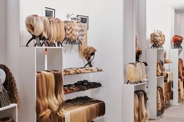 Showcase of natural looking wigs in different colors fixed on the metal wig holders in beauty salon. Row of mannequin heads with variation shades hair on shelf in wig shop. - obrazy, fototapety, plakaty