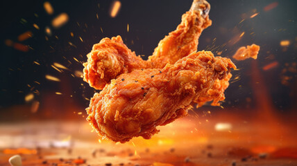 Fried chicken legs Crush flying isolated on a black background. Generative AI