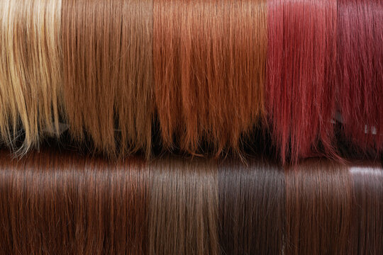 Showcase of natural looking wigs in different colors in beauty salon, variation shades of hair on shelf in wig shop