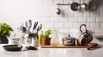 Obraz na płótnie Canvas Kitchen utensils, cooking ingredients on white counter table. Generative AI