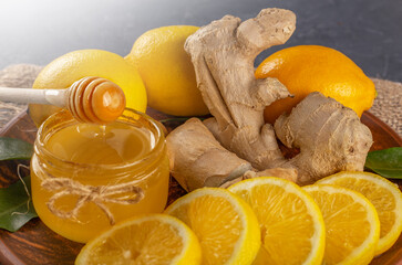 Fototapeta na wymiar honey, lemon and ginger in vintage style