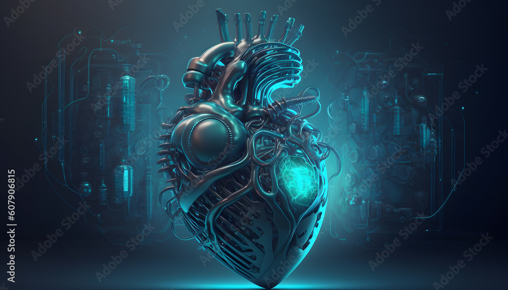 Wall mural Abstract image of technological heart with artificial intelligence, cyber man blue banner. Generation AI - Wall murals