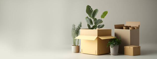 Cardboard boxes with flowers in empty room. Concept banner movement in new home. Generation AI