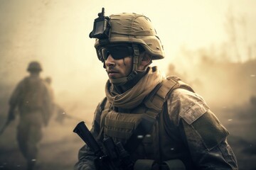 Fototapeta premium Concept art illustration of army soldier on war, Generative AI