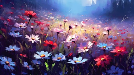 close up warm eye view perspective of cosmos wild flower field at night time, Generative Ai