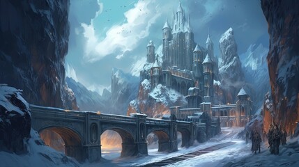 art illustration of fantasy fiction ancient castle city on mountain peak among natural scenery, Generative Ai