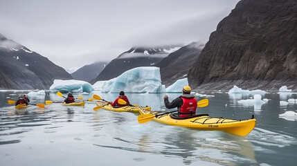Group of friends enjoy ocean kayaking bear glacier during their vacation trip to in Alaska, Generative AI - obrazy, fototapety, plakaty