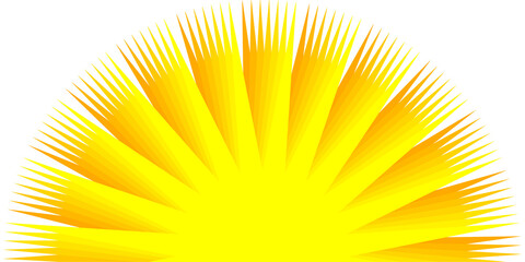 Bright vector sun icon isolated on blue background. Rising sun, sunrise or sunset, dawn,  sunshine and solar glow. The sun is shining. Decorative circle full and half sun and sunlight. 