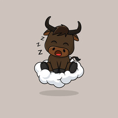 Vector cute baby bull cartoon sleeping on the cloud icon illustration. Flat cute animal vector illustration, flat icon sticker isolated.