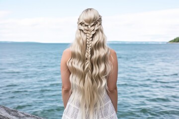back portrait of beautiful pretty woman wearing vintage dress with braid hairstyle, a woman at sea shore, Generative Ai - obrazy, fototapety, plakaty