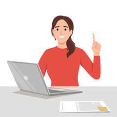 Young businesswoman holding a new digital laptop computer and pointing finger up. Female character design illustration. Modern lifestyle, gadget