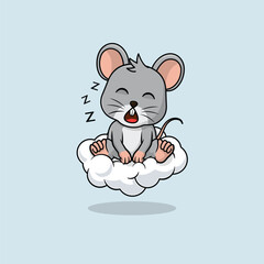 Vector cute baby mouse cartoon sleeping on the cloud icon illustration. Flat cute animal vector illustration, flat icon sticker isolated.
