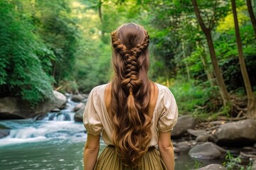 back portrait of beautiful pretty woman wearing vintage dress with braid hairstyle, a woman walking in forest with waterfall background, Generative Ai