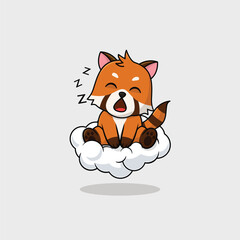 Vector cute baby red panda cartoon sleeping on the cloud icon illustration. Flat cute animal vector illustration, flat icon sticker isolated.