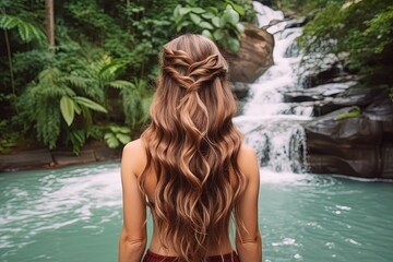 Obraz premium back portrait of beautiful pretty woman wearing vintage dress with braid hairstyle, a woman walking in forest with waterfall background, Generative Ai
