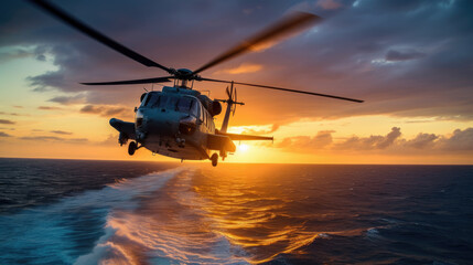 Fototapeta na wymiar military helicopter doing emergency rescue on sea. generative ai