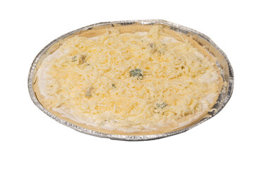 Raw four cheese pizza isolated on white background.