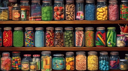 Obraz premium close up colorful candies and snack, abstract candy background organized in jar or bottle, Generative Ai