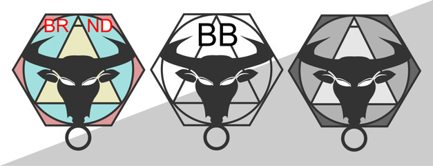 Logo branding of a bull's face with a circle, triangle, exagon and text, art, vector, illustration, design.