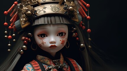 young princess Japanese doll close up face with copy space, Generative Ai