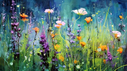 Fototapeta na wymiar illustration of summer and spring flower grass field, wildflower field, Generative Ai 