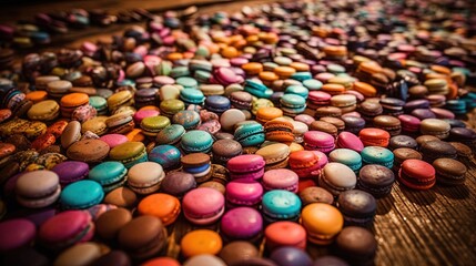 Fototapeta na wymiar abstract background top view of colorful macaron on wooden table, bakery dessert, Generative Ai